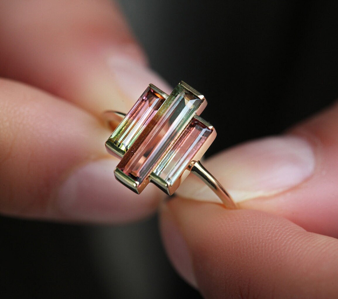 3-Stone Watermelon Baguette Tourmaline Yellow Gold Ring