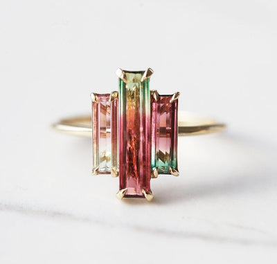 3-Stone Watermelon Baguette Tourmaline Yellow Gold Ring