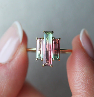 3-Stone Watermelon Baguette Tourmaline Yellow Gold Ring