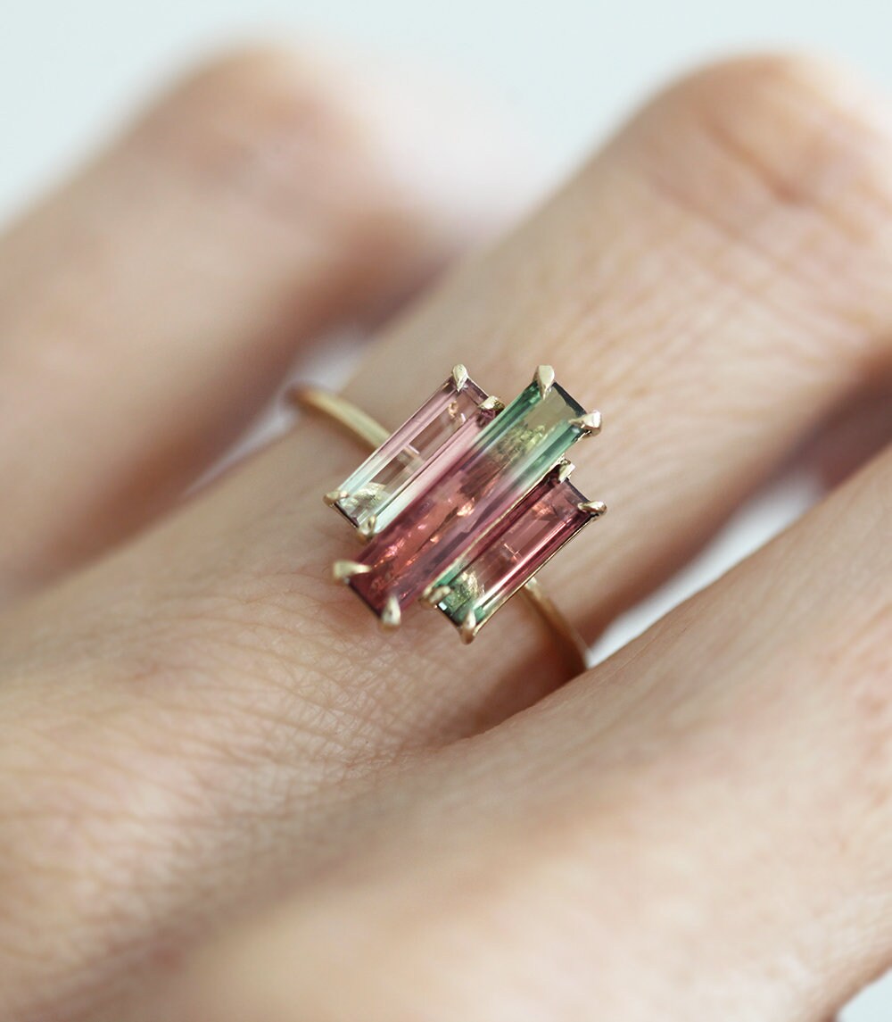 3-Stone Watermelon Baguette Tourmaline Yellow Gold Ring