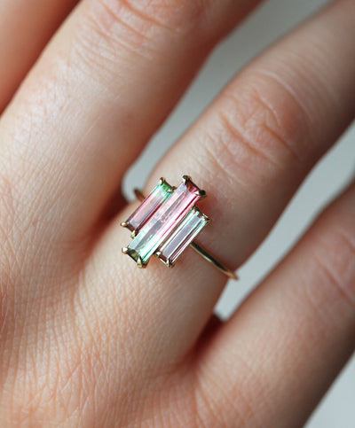 3-Stone Watermelon Baguette Tourmaline Yellow Gold Ring