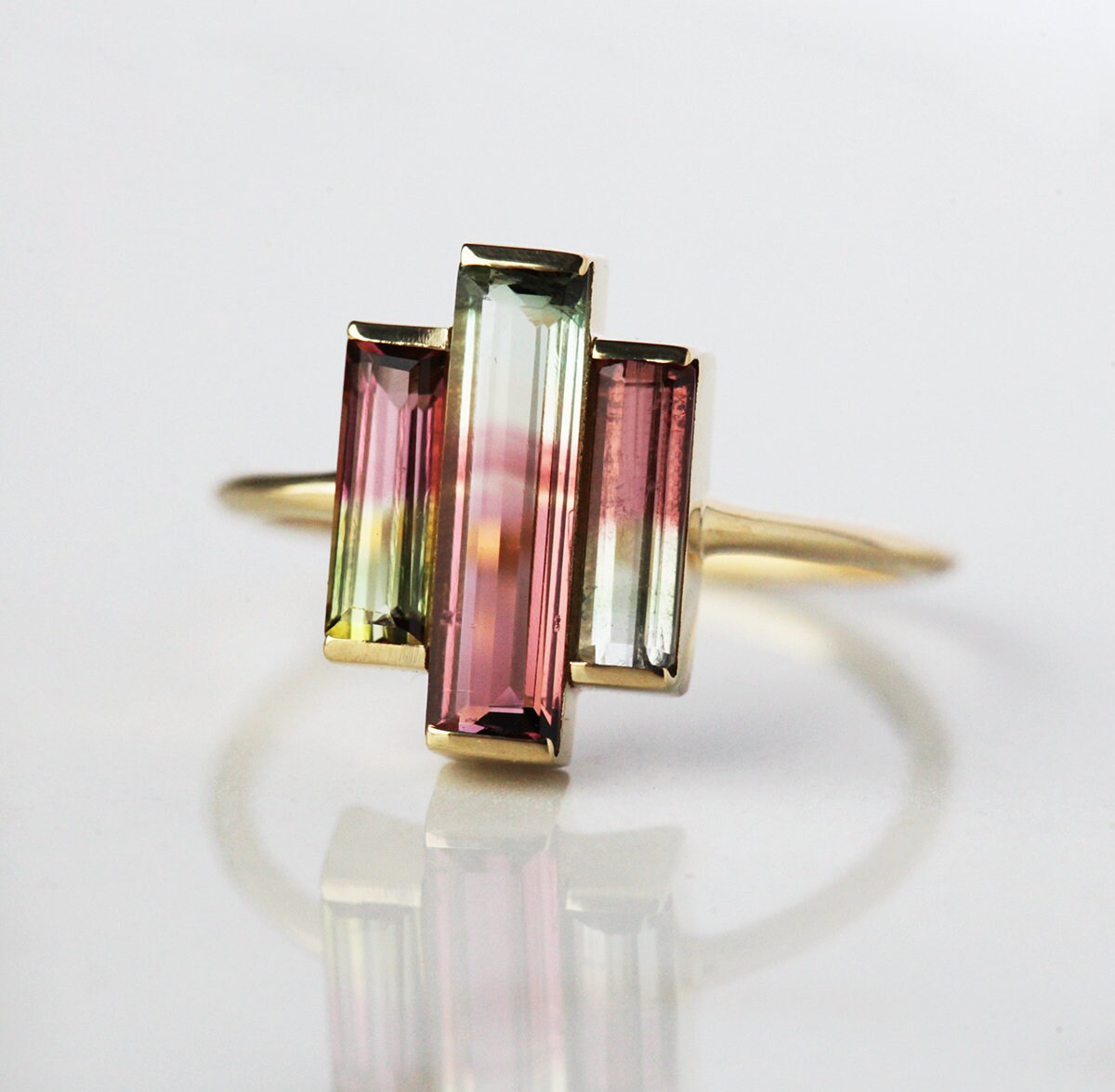 3-Stone Watermelon Baguette Tourmaline Yellow Gold Ring