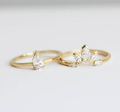Nested marquise-cut white diamond wedding ring set