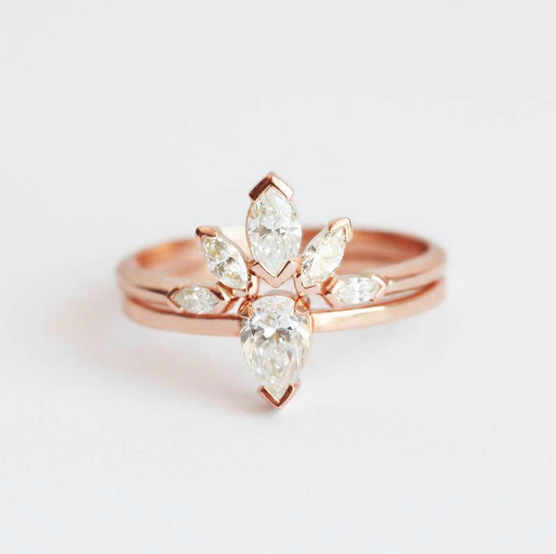 Nested marquise-cut white diamond wedding ring set