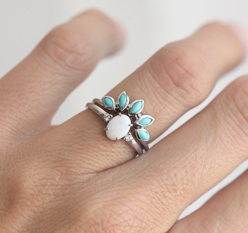 Three-Stone White Oval Opal Ring with 2 Accent White Round Diamonds and Turquoise Crown Ring