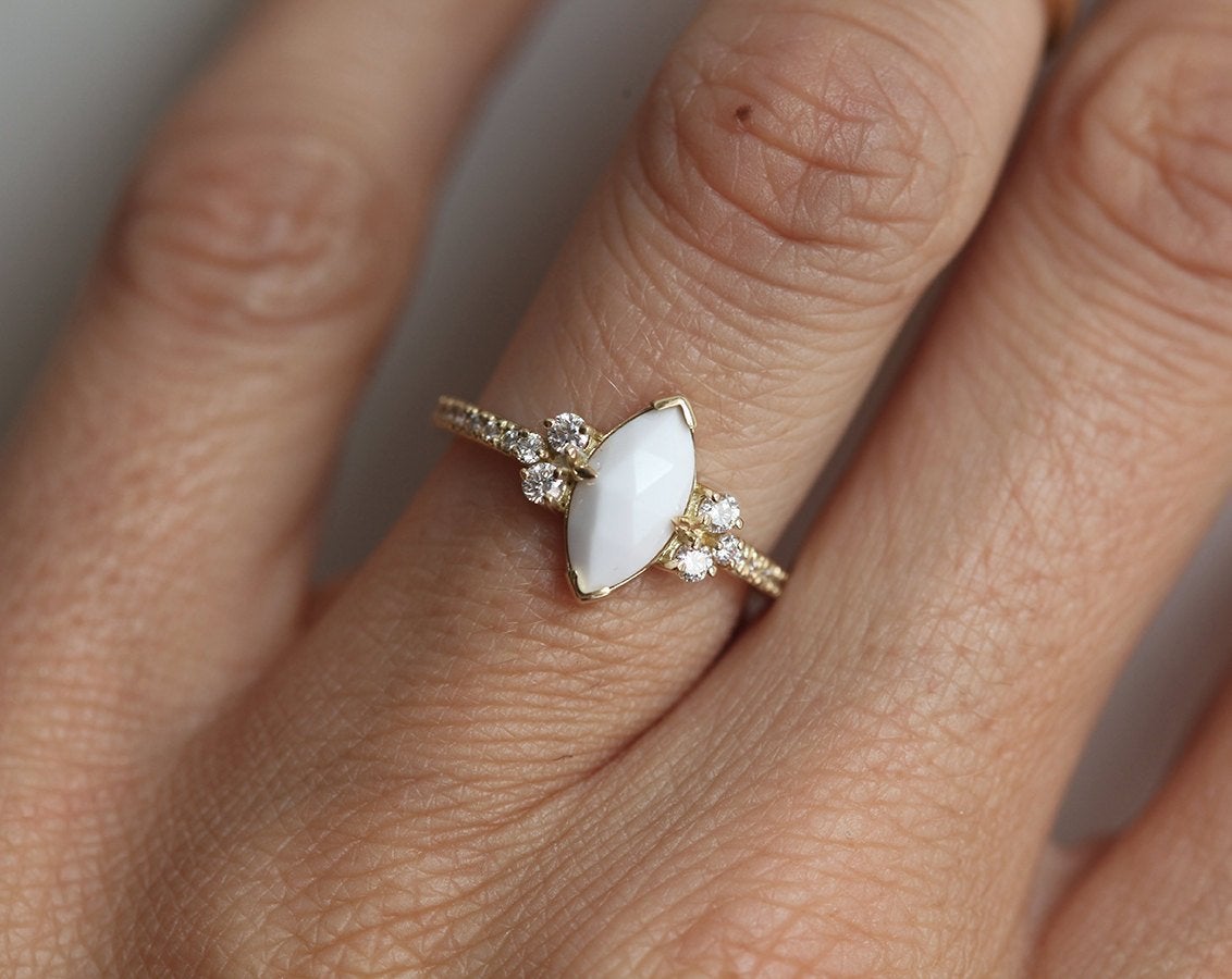 Marquise-cut white agate and diamond engagement ring