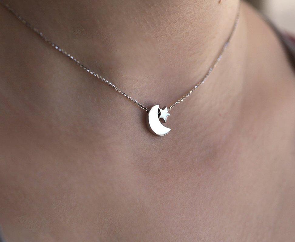 White gold moon and star chain necklace