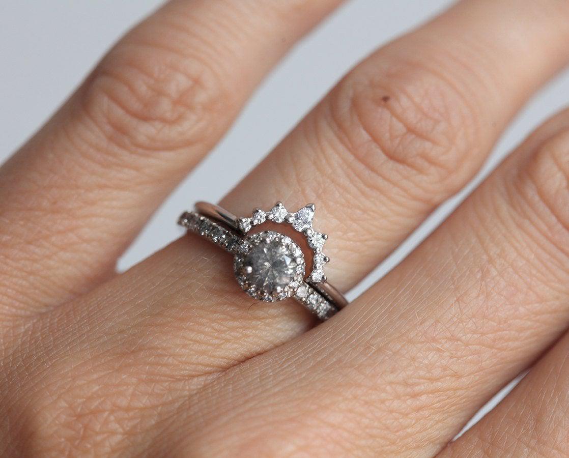 Nested pear-shaped white diamond crown ring set