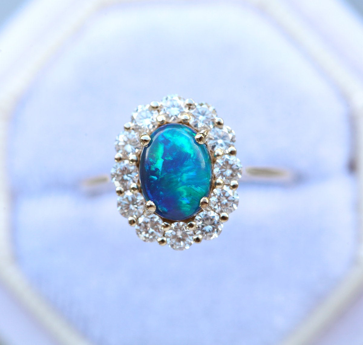 Natural Black Opal Halo Ring with Side Vintage-Inspired White Diamonds