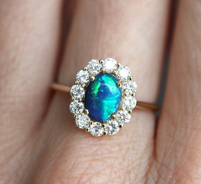 Natural Black Opal Halo Ring with Side Vintage-Inspired White Diamonds