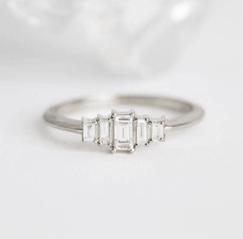 Baguette-cut white diamond art-deco ring