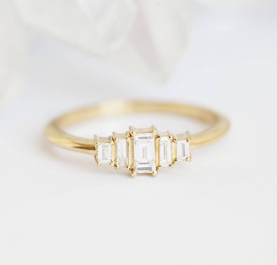 Baguette-cut white diamond art-deco ring