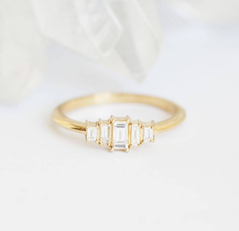 Baguette-cut white diamond art-deco ring