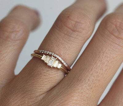 Baguette-cut white diamond art-deco ring with matching diamond ring