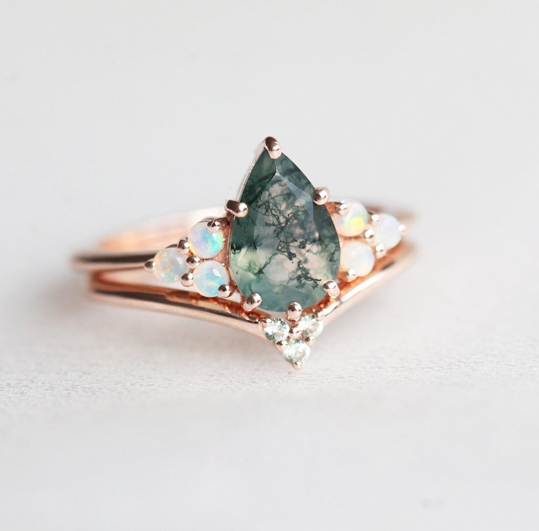Pear Moss Agate Ring Set with Side Opal Stones