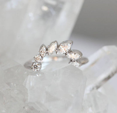 Marquise-cut white diamond wind ring with diamond cluster