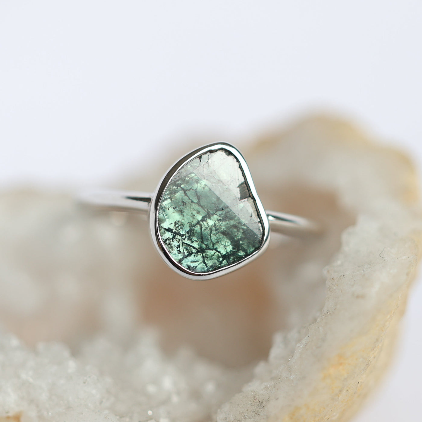 Rose-cut teal diamond slice ring