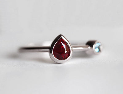 Pear Ruby Engagement Ring with Round Aquamarine Side Gemstone