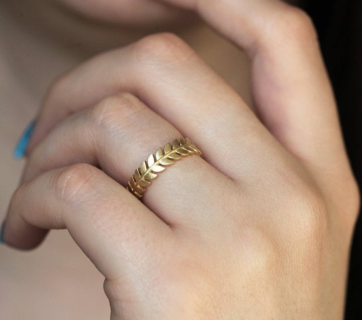 Yellow Gold Wedding Ring Leaf Wedding Band 18K White Gold