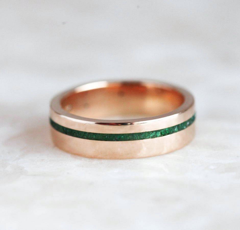 Gold ring with green emerald inlay, 5mm wide band, ready to ship.