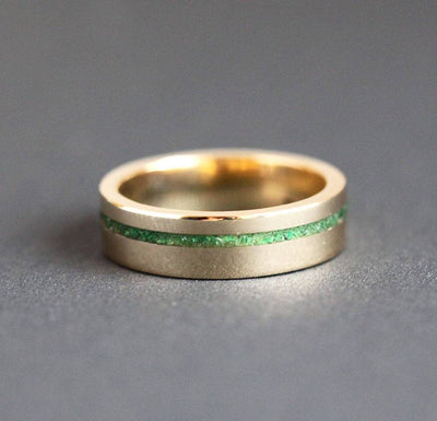 Gold ring with green emerald inlay, 5mm wide band, ready to ship.