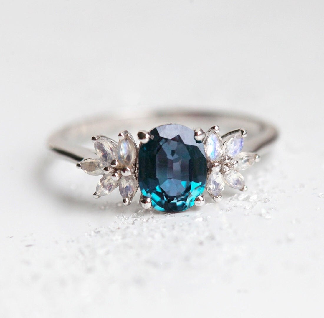 Teal Oval Alexandrite Cluster Ring with Side Marquise-Cut Moonstones