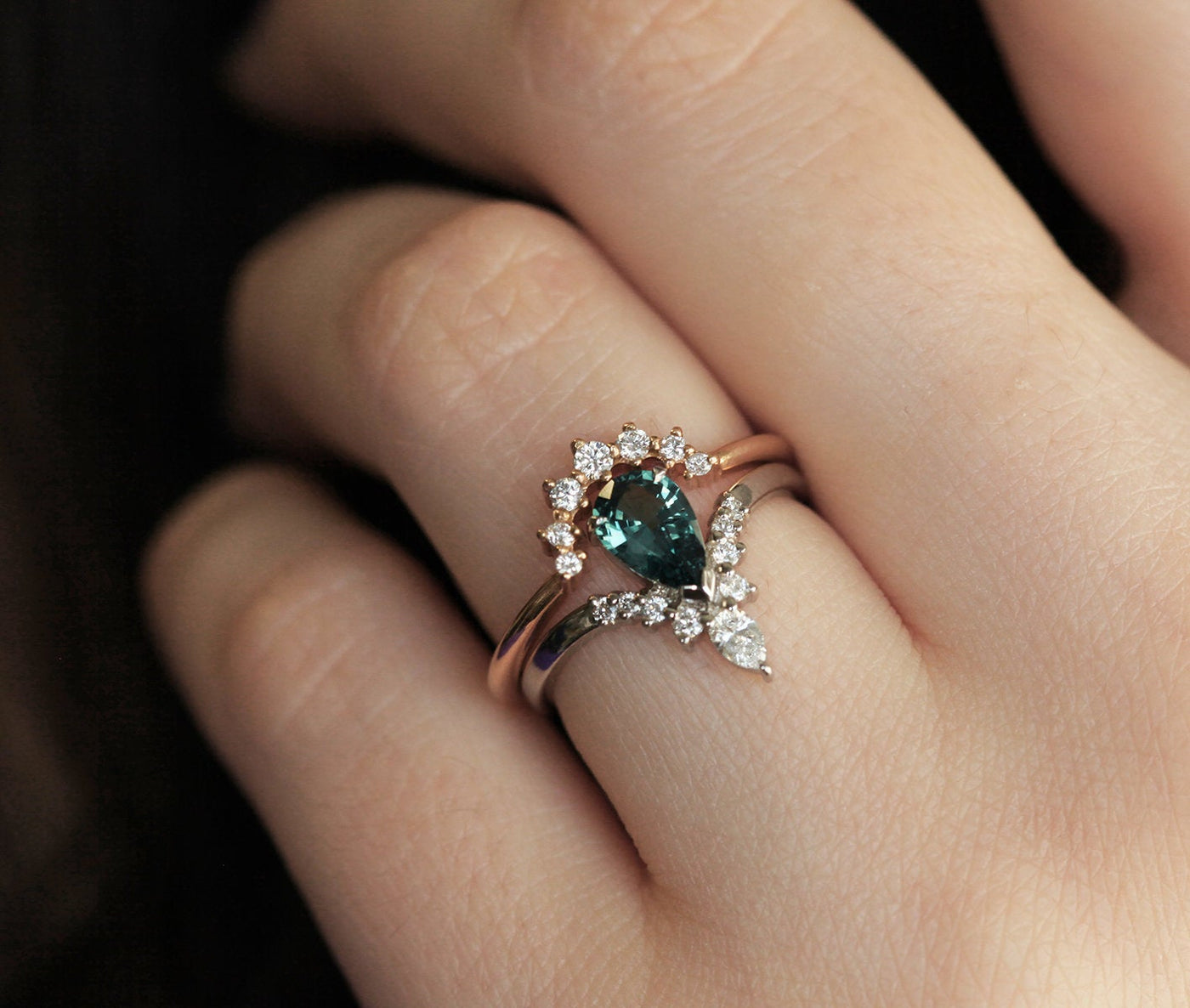 Pear-shaped teal sapphire prong ring with white diamonds