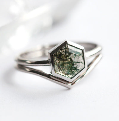 Hexagon Moss Agate Ring, Solitaire Style Band with V-Shaped Band
