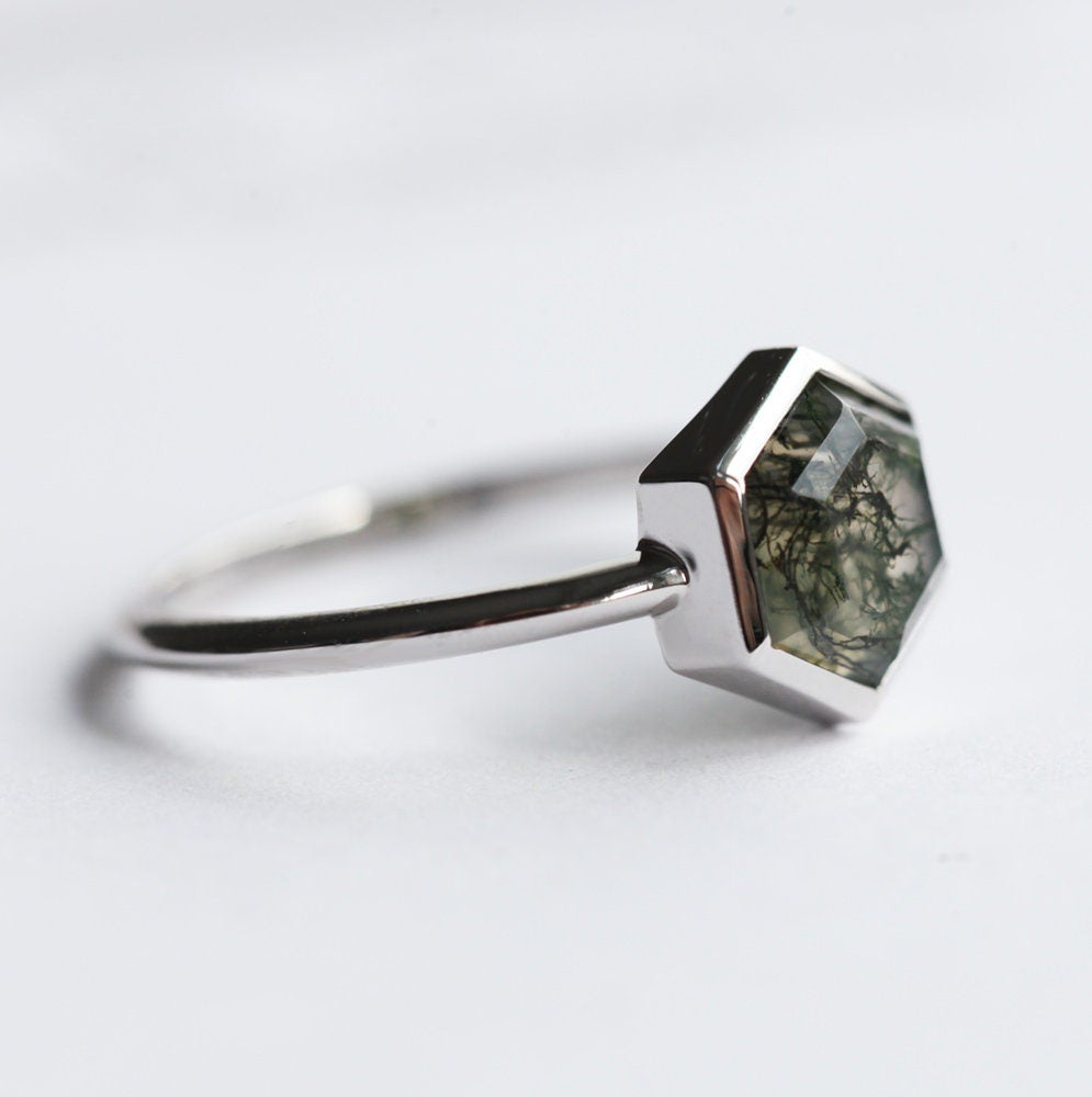 Hexagon Moss Agate Ring, Solitaire Style Band