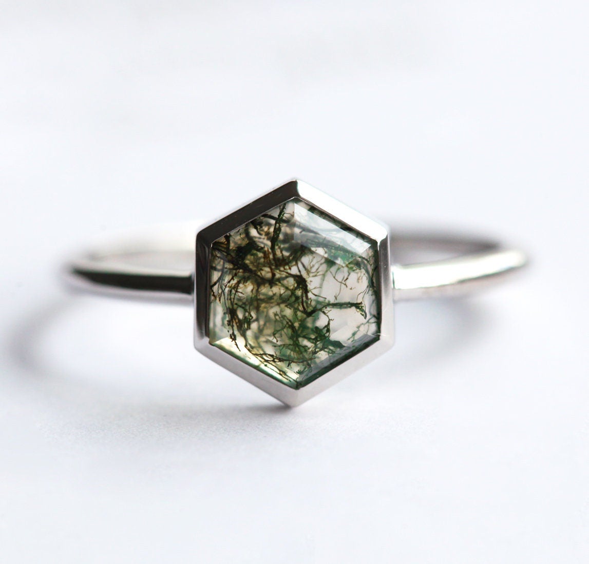 Hexagon Moss Agate Ring, Solitaire Style Band