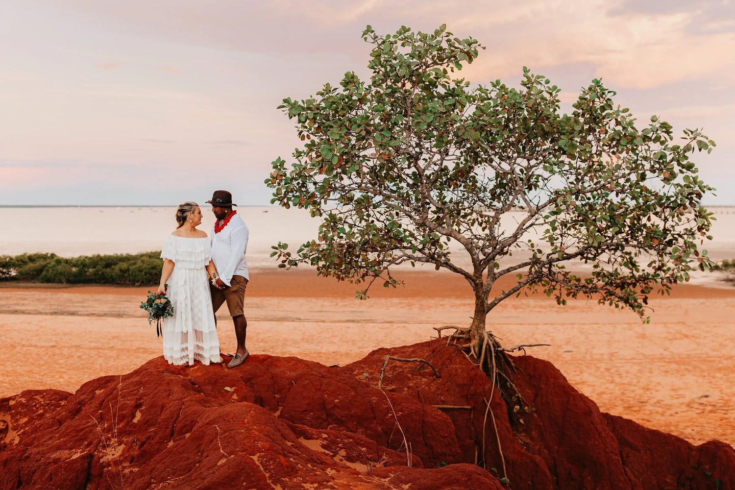 Newlyweds standing atop a hill, looking at each other