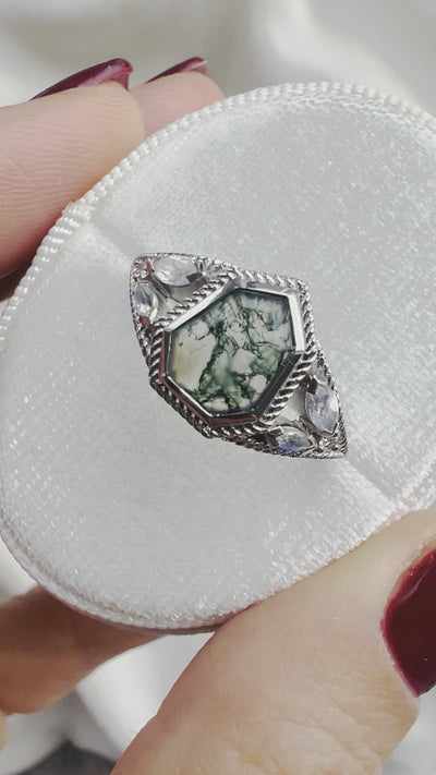 Moss Agate Engagement Ring With Moonstones