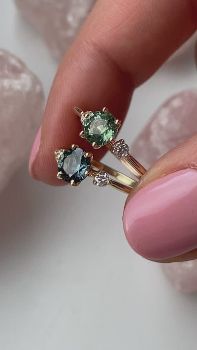Round teal sapphire ring with diamonds video