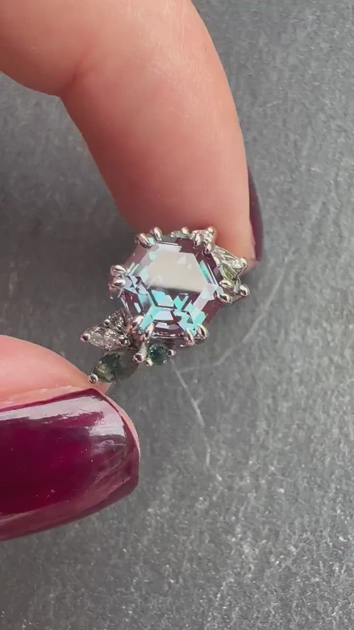 Hexagon-shaped teal alexandrite cluster ring video