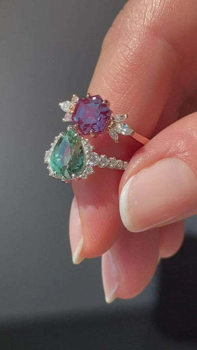 Floral Hexagon Blue Alexandrite Ring With Diamonds