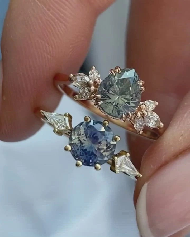 Jolie Unique Blue Sapphire Ring With Side Kite Diamonds