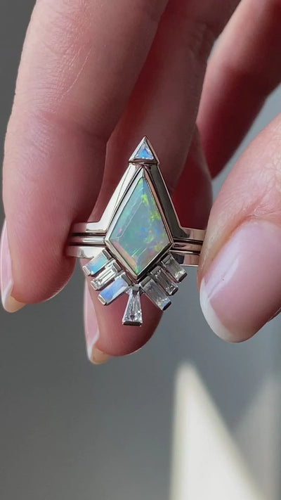 White Kite Opal Ring Set with Baguette Moonstones and Baguette Tapered Diamonds Video Overview