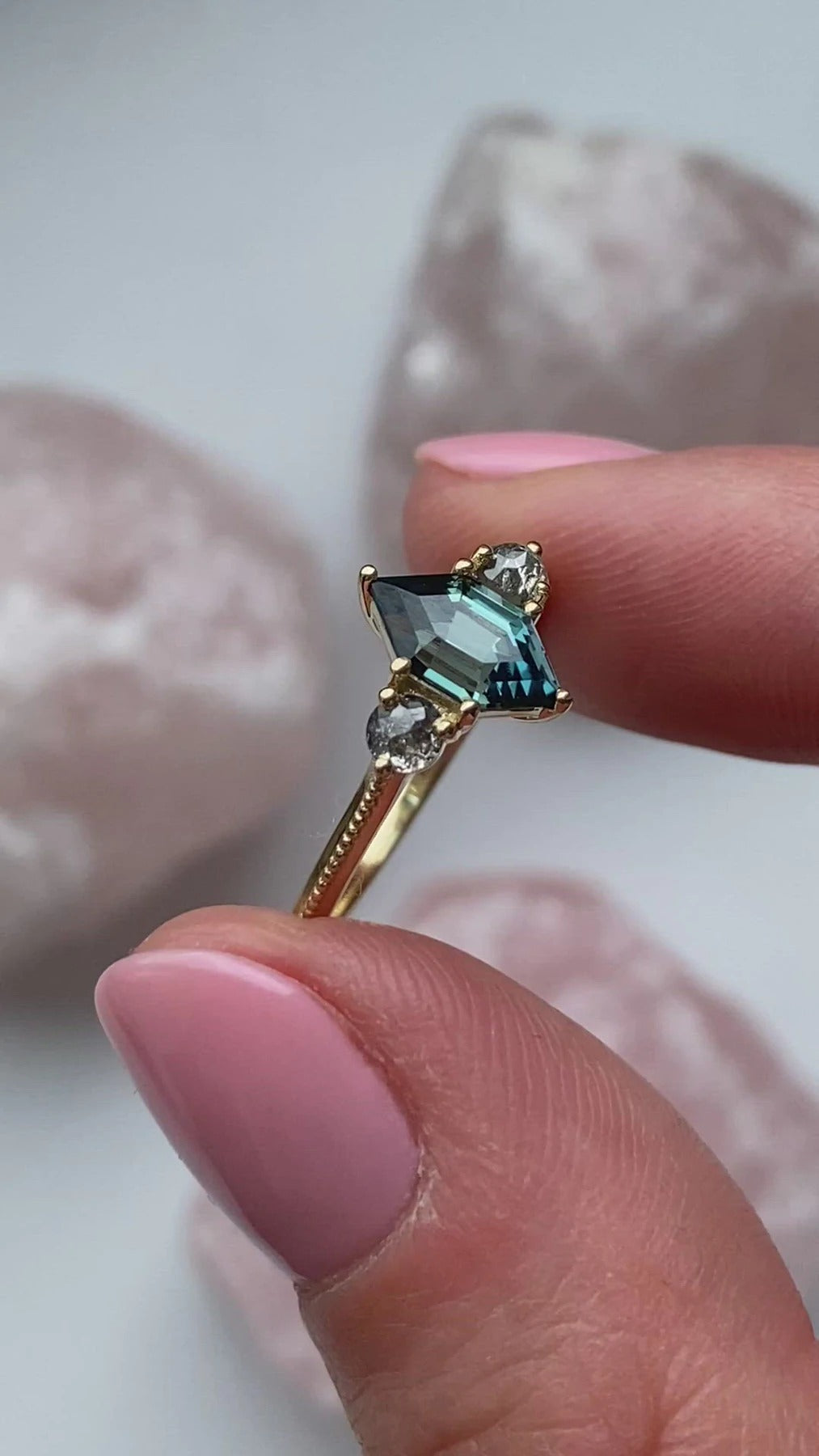 Lorie Hexagon Teal Sapphire Ring With Salt & Pepper Diamonds