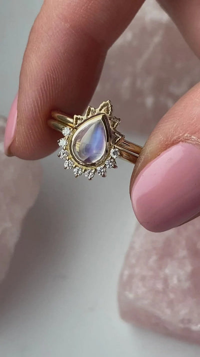 Nested pear-shaped white moonstone and diamond ring set video